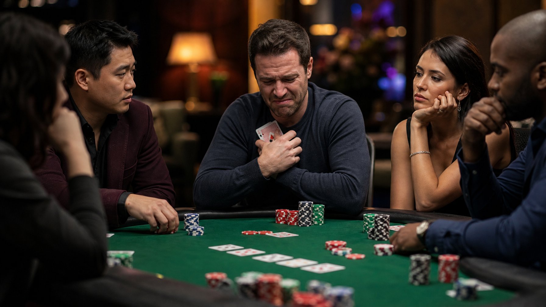 Beberapa orang duduk di sekitar meja poker Texas Hold’em dengan ekspresi serius dan tegang saat bermain.