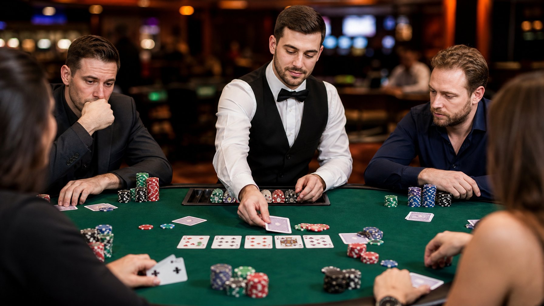 Seorang bandar Texas Hold’em membagikan kartu di meja poker dengan chip dan pemain di sekelilingnya.