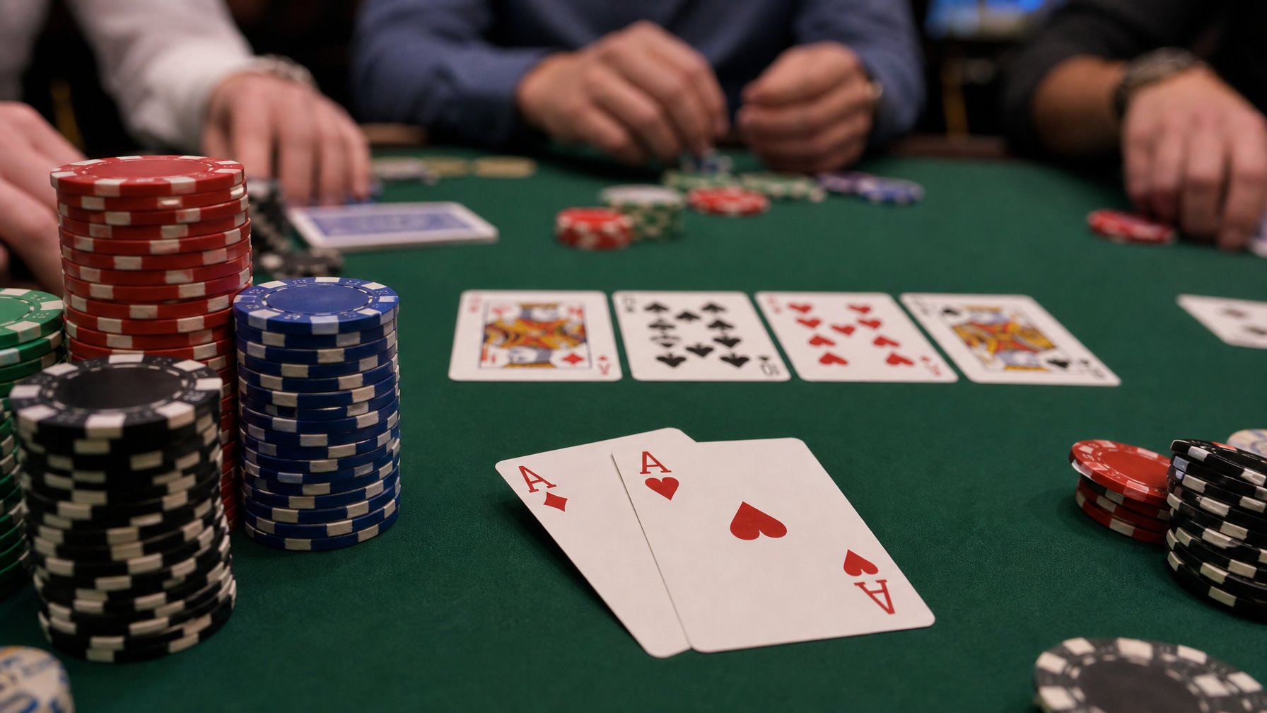 Tampilan dekat meja poker dengan kartu dan tumpukan chip, menunjukkan suasana permainan Texas Hold’em.
