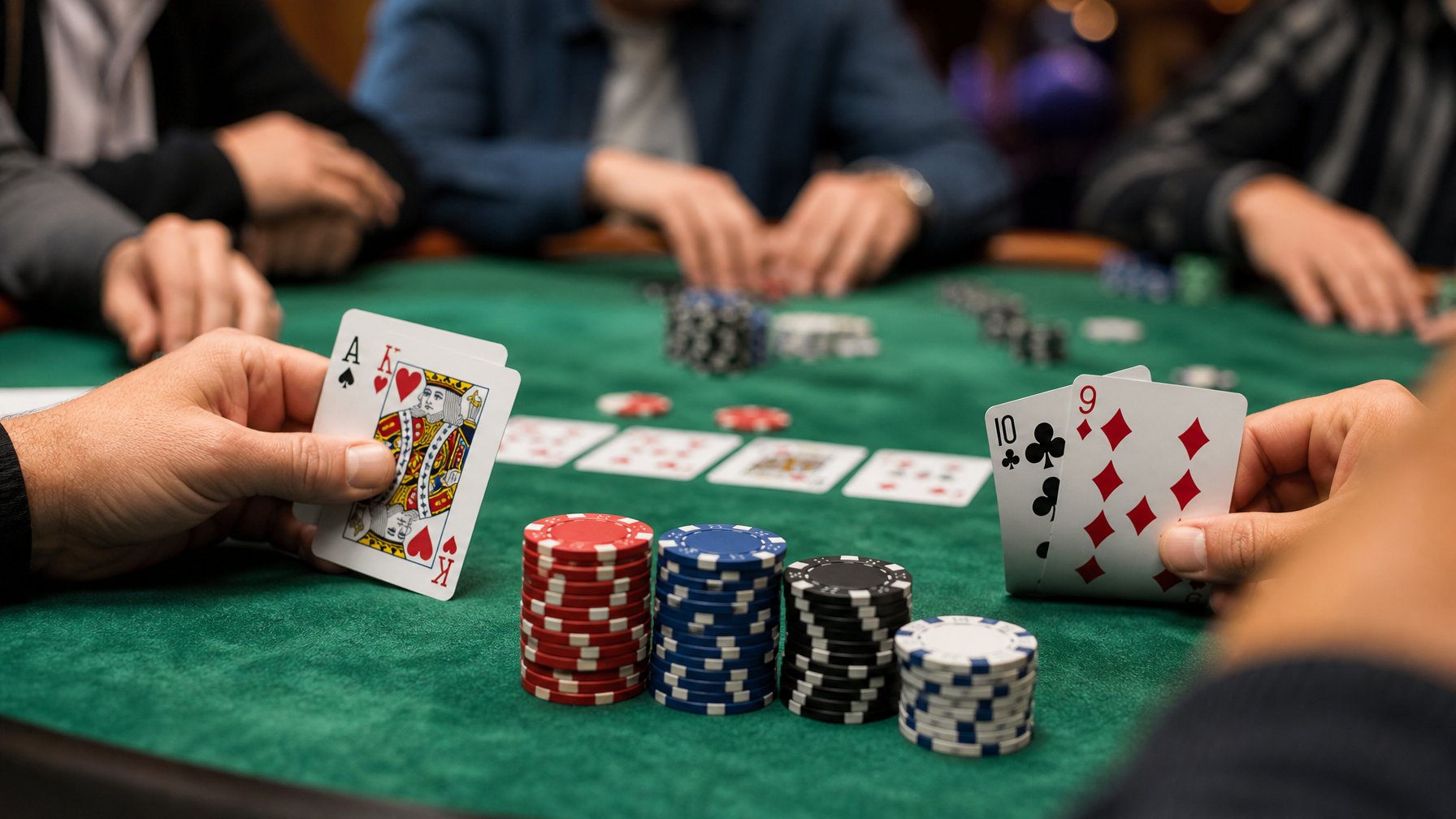 Tampilan dekat meja poker Texas Hold’em dengan kartu dan chip yang tertata rapi, tangan pemain memegang kartu, suasana kasino terlihat di latar belakang.
