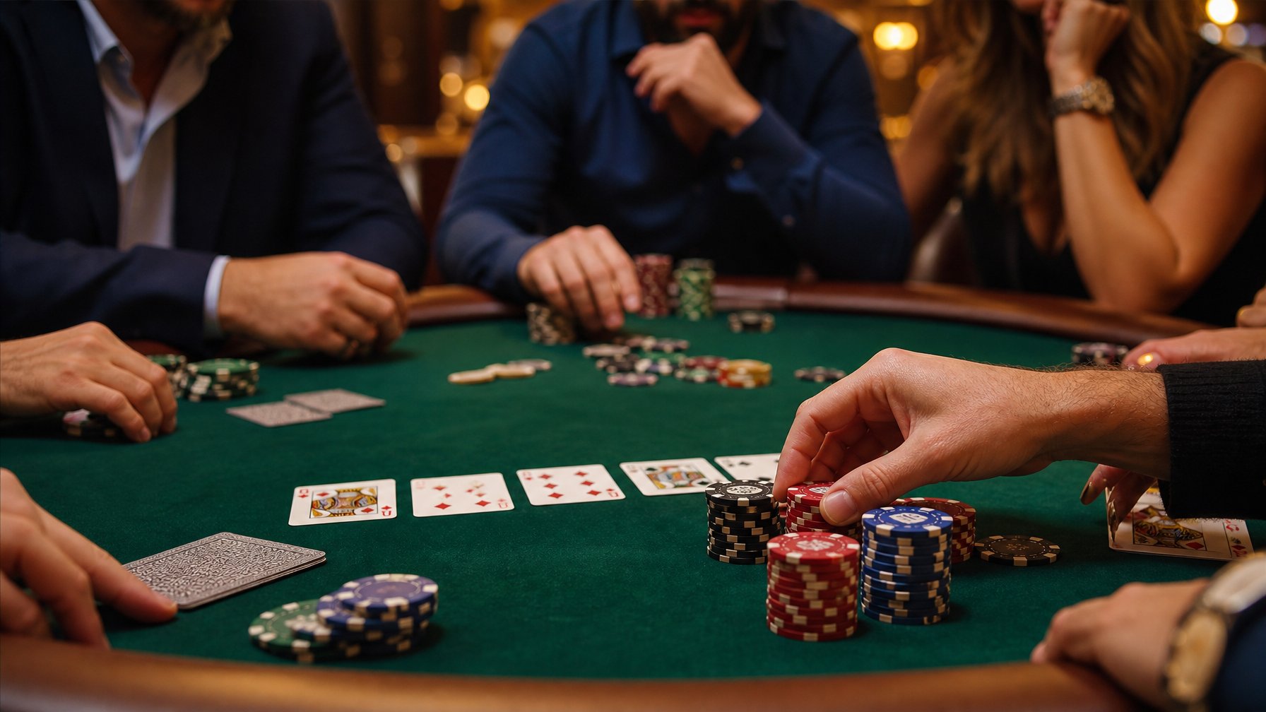 Meja poker Texas Hold’em dengan tumpukan chip dan kartu, beberapa pemain sedang memasang taruhan all-in.