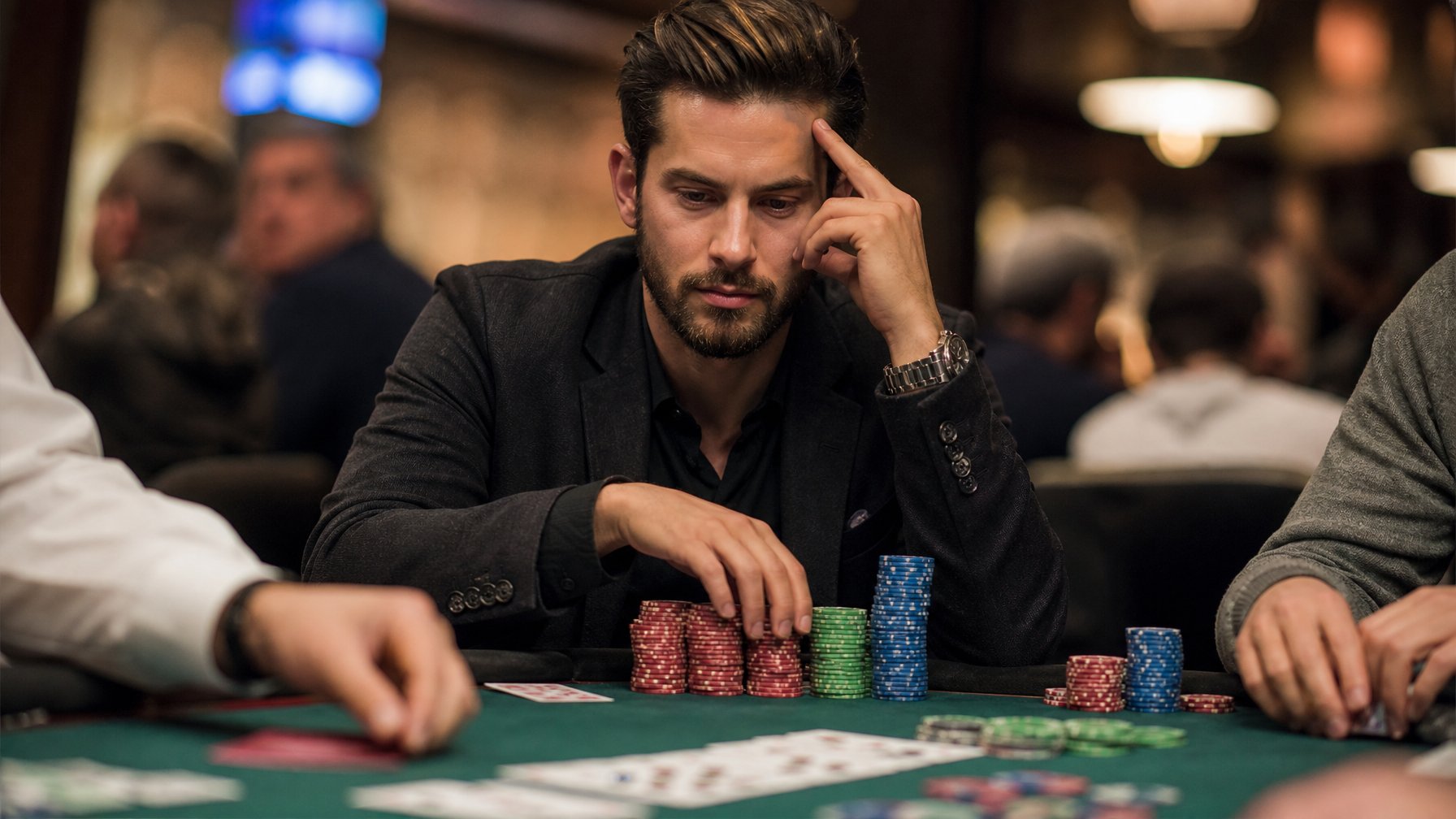 Seorang pemain poker pria sedang fokus mempertimbangkan kartu dan tumpukan chip di meja Texas Hold'em di kasino.