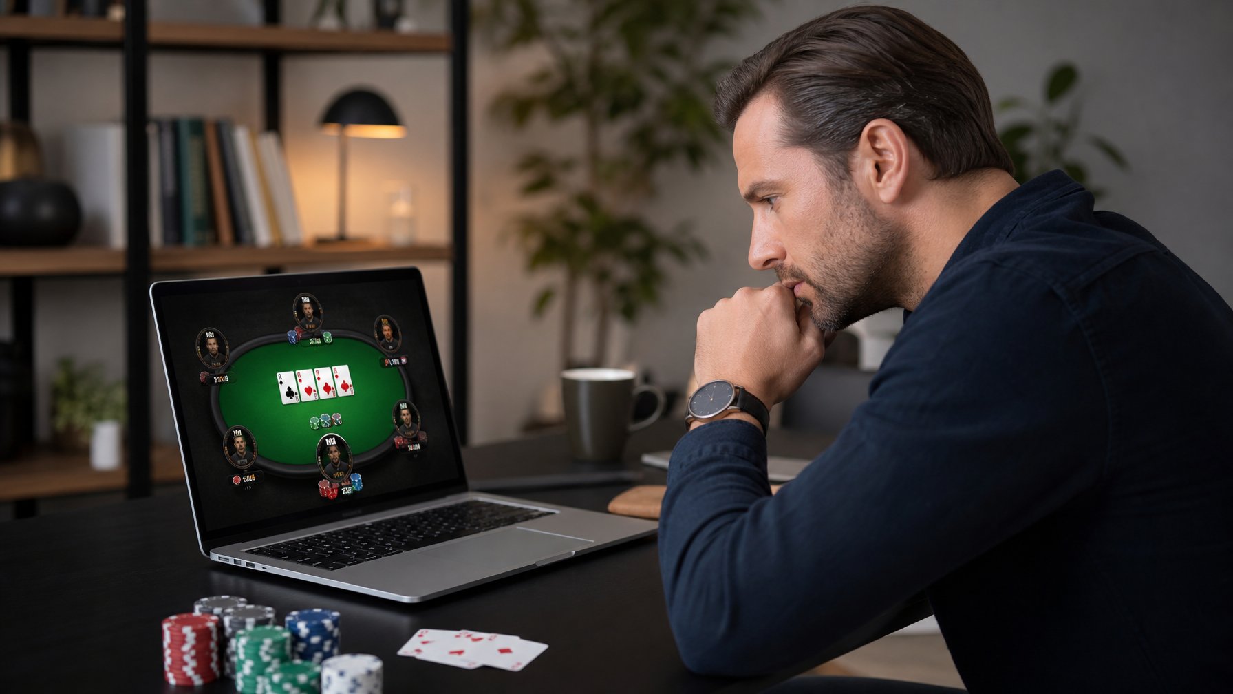 Seorang pria fokus duduk di depan laptop dengan permainan Texas Hold’em online di layar, di meja terdapat chip poker dan kartu remi.
