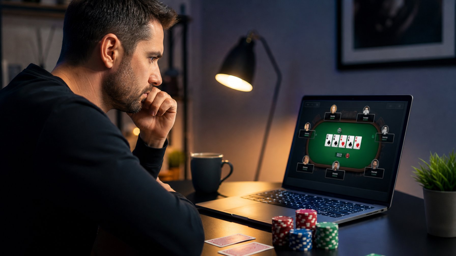 Seorang pemain dewasa sedang fokus bermain poker Texas Hold’em online di depan laptop dengan kartu dan chip poker di meja.