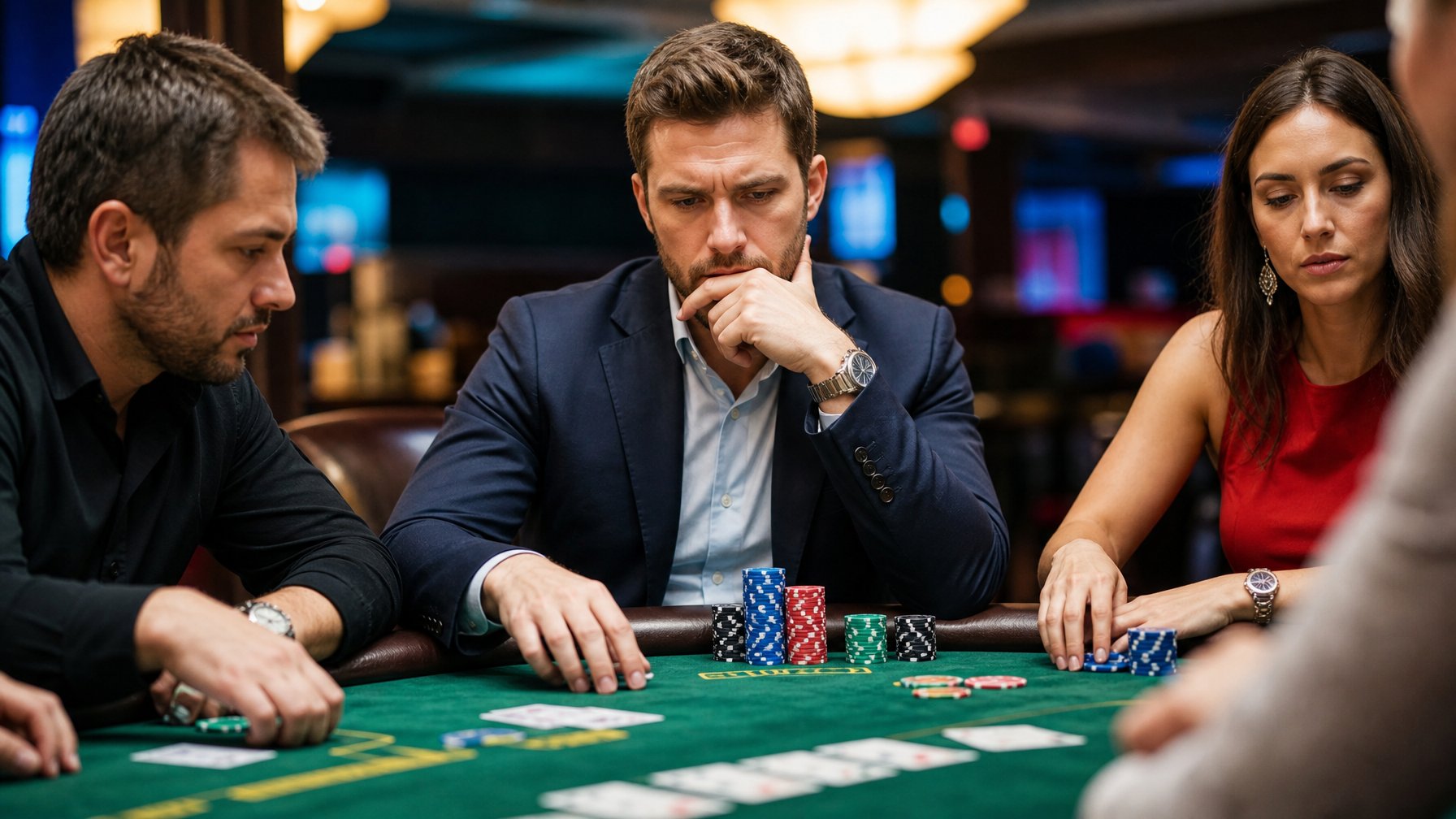 Seorang pemain poker serius sedang berkonsentrasi di meja kasino saat bermain Texas Hold’em dengan kartu dan chip terlihat jelas.