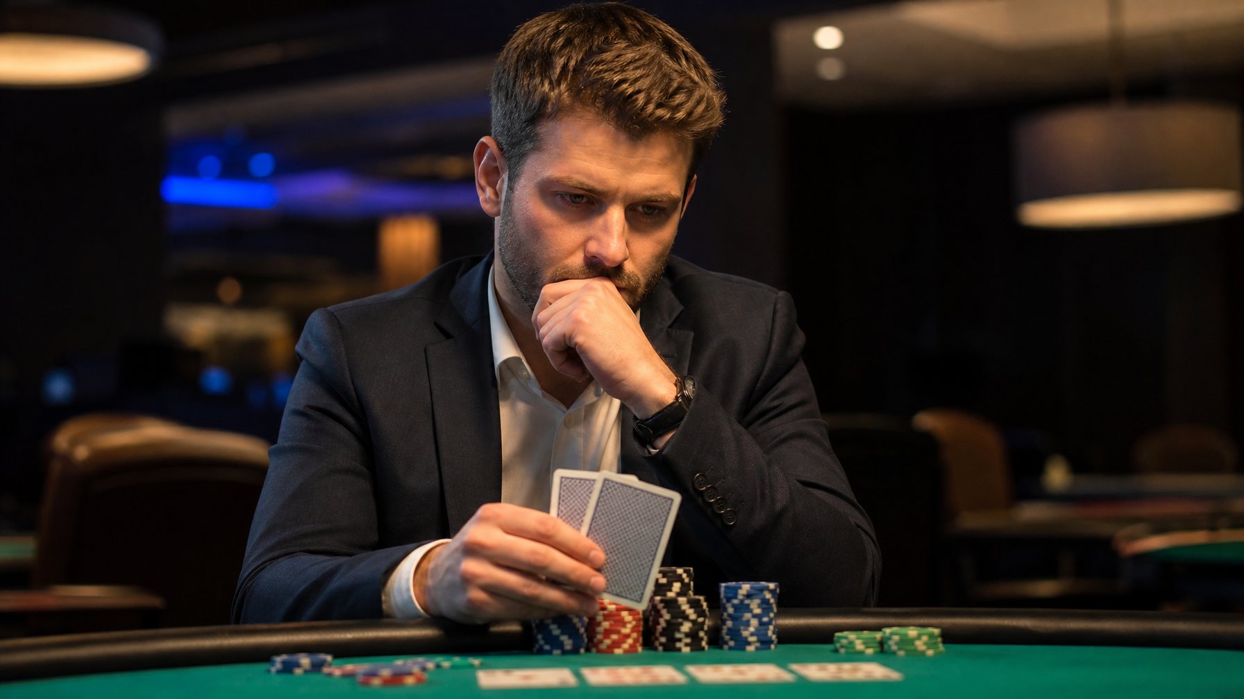 Seorang pemain poker yang fokus sedang menganalisis kartu di meja poker dengan tumpukan chip di depannya.