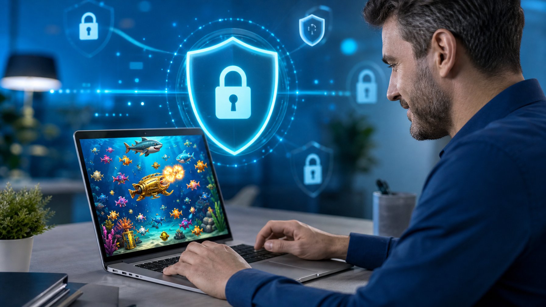 Seorang pria dewasa menggunakan laptop di meja kerja yang terang dengan ikon ikan digital di layar, menunjukkan suasana permainan judi tembak ikan 2D yang aman dan terpercaya.