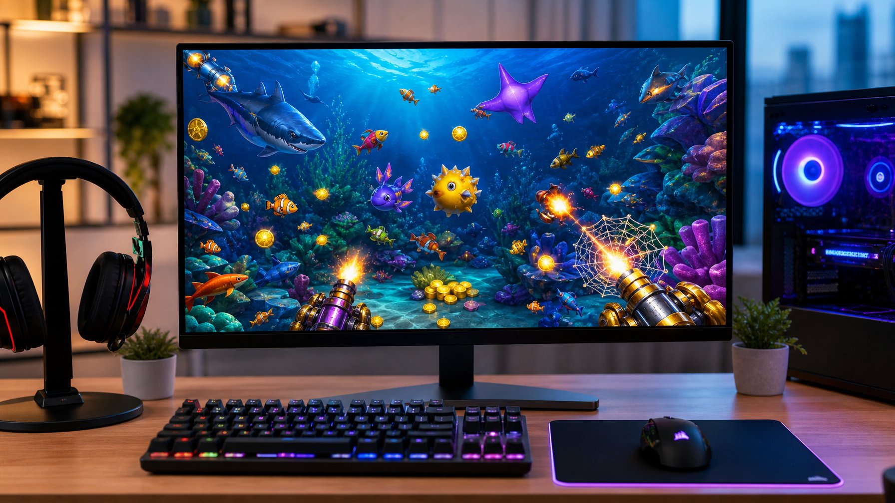 Sebuah meja kerja dengan komputer yang menampilkan permainan menembak ikan 2D dengan grafis bawah laut berwarna-warni, dikelilingi oleh aksesori gaming di ruangan yang terang dan rapi.