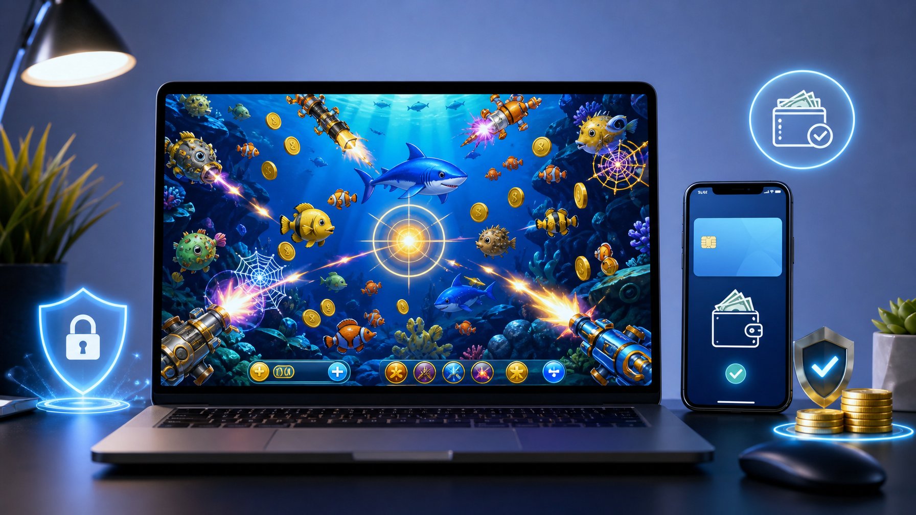 Sebuah meja dengan komputer menampilkan permainan tembak ikan 2D yang berwarna-warni, dengan ponsel di sampingnya menunjukkan aplikasi pembayaran digital.