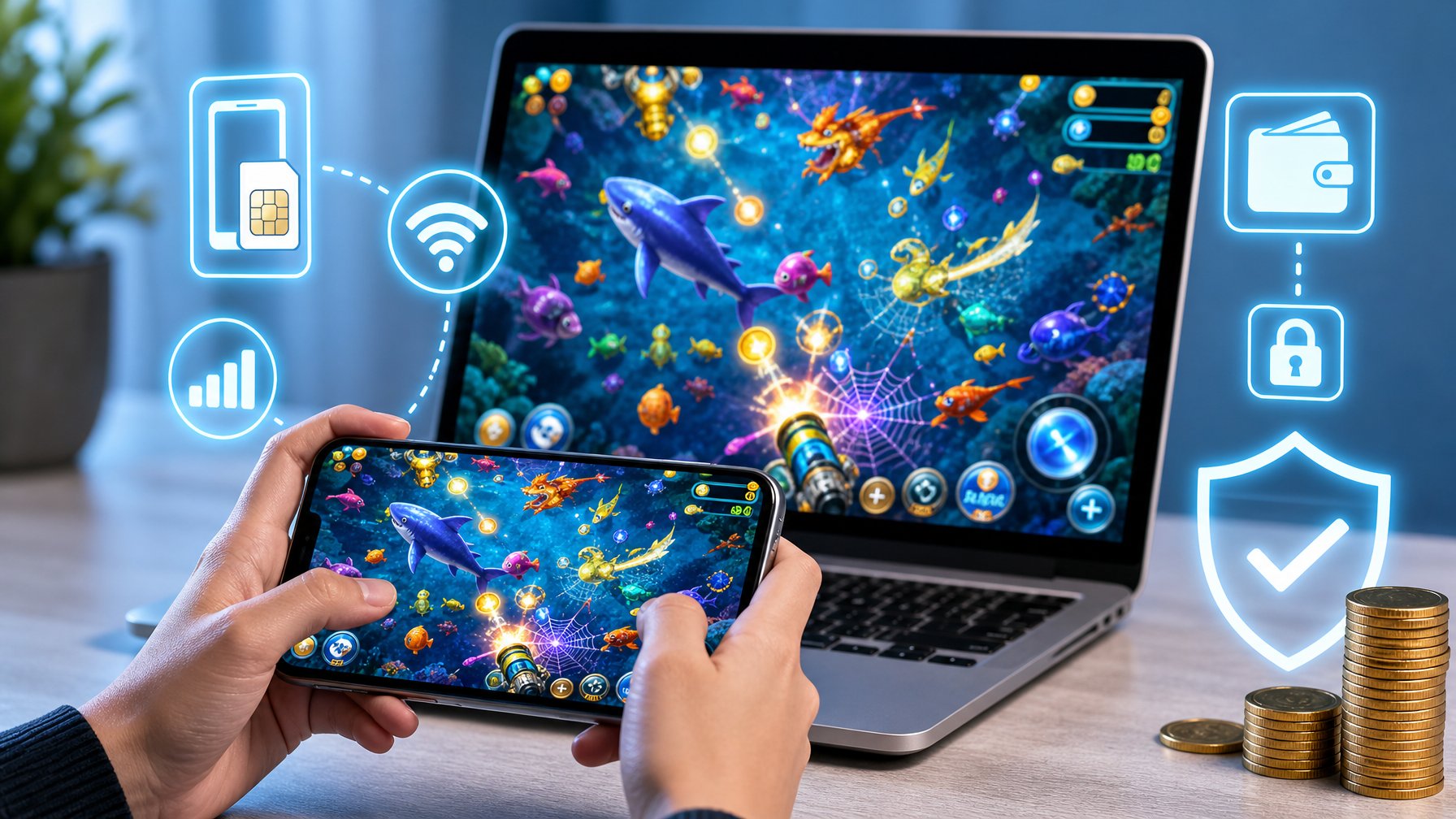 Layar komputer atau ponsel yang menampilkan permainan tembak ikan 2D dengan ikon pulsa dan simbol pembayaran digital di sekitarnya.