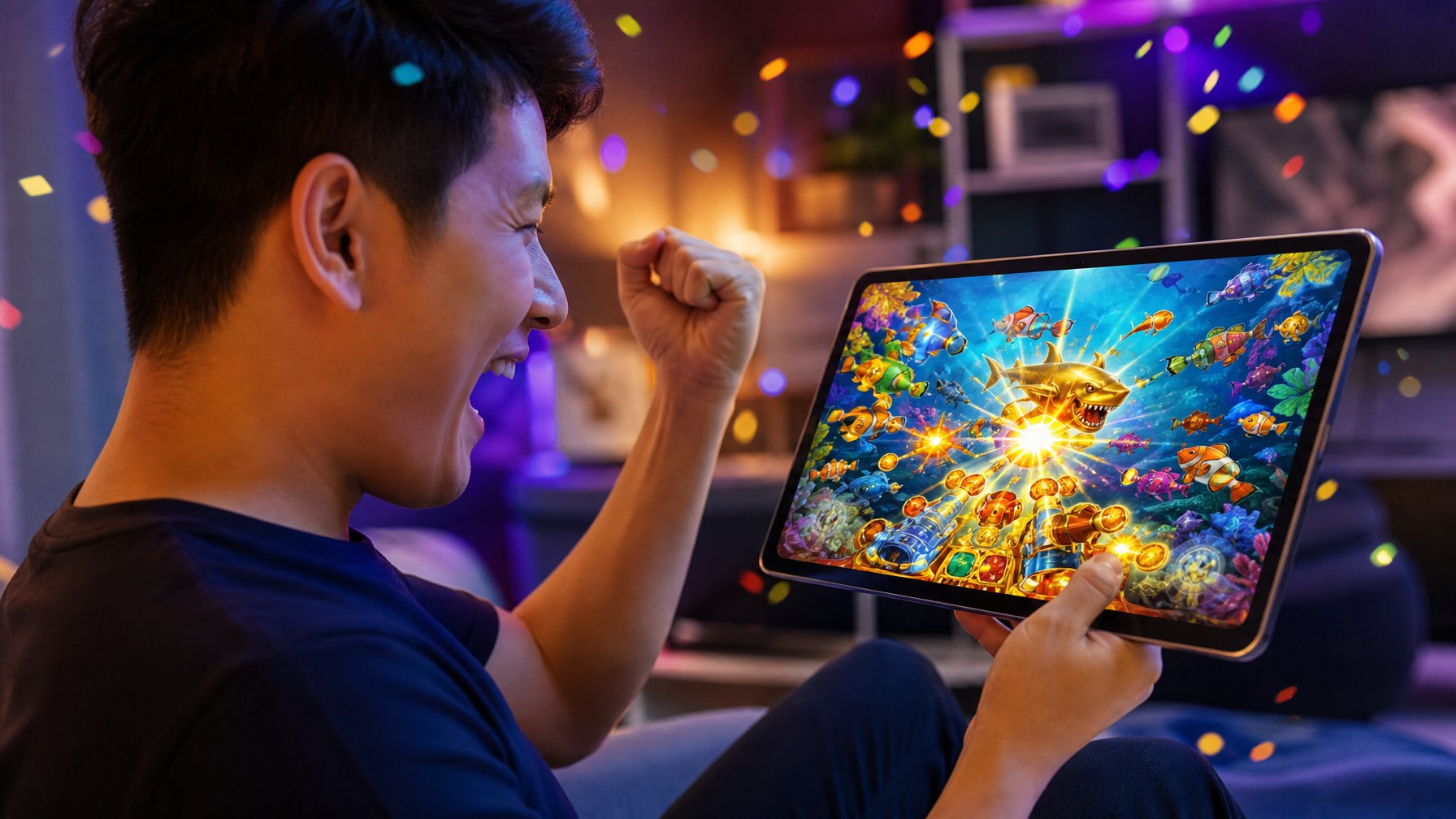 Seorang pemain sedang menang dalam permainan judi tembak ikan 2D menggunakan perangkat digital dengan latar belakang suasana permainan yang cerah dan menarik.