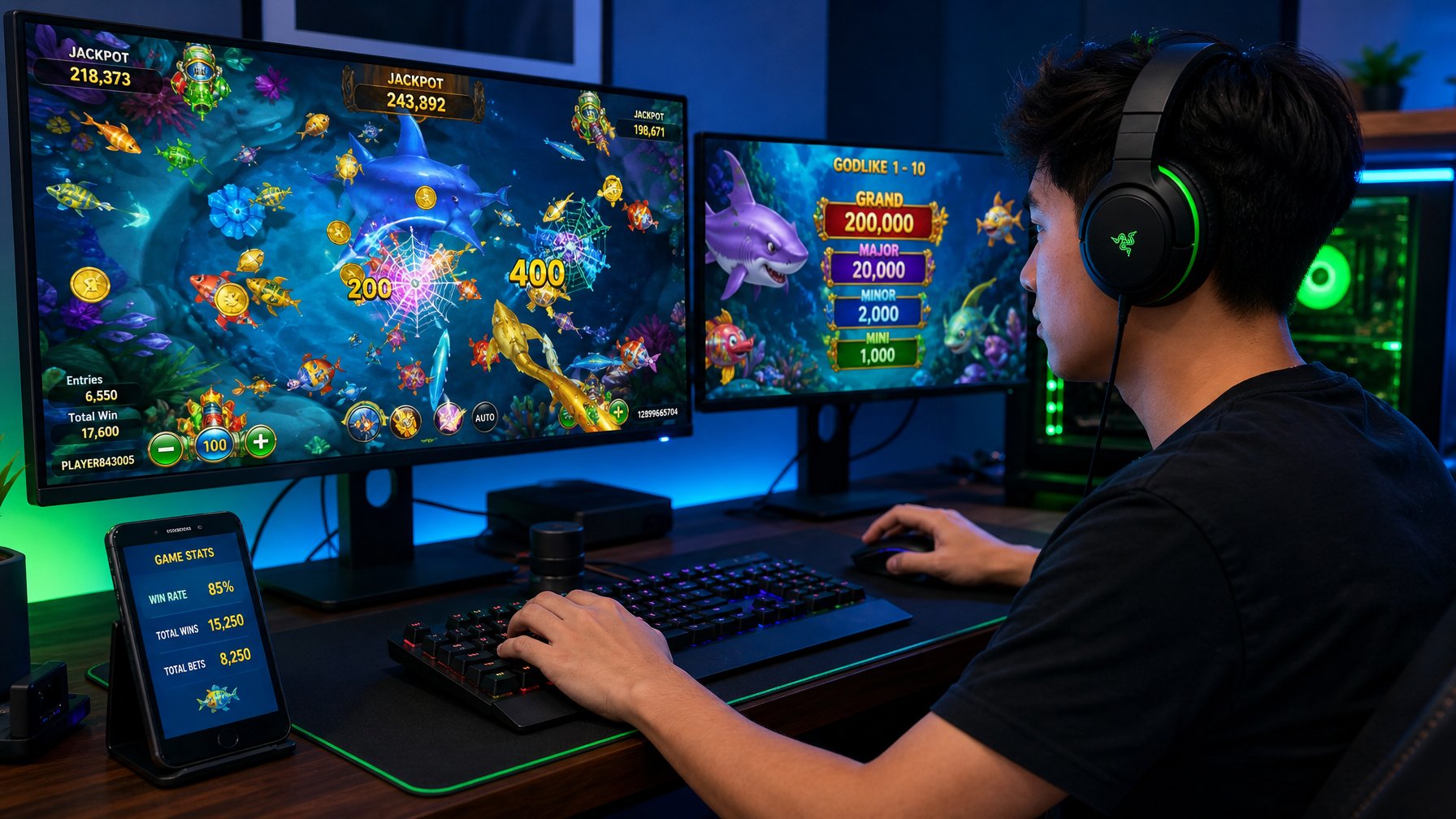 Seorang pria muda sedang bermain game tembak ikan 2D di komputer dengan tampilan bawah laut dan suasana ruangan yang modern.
