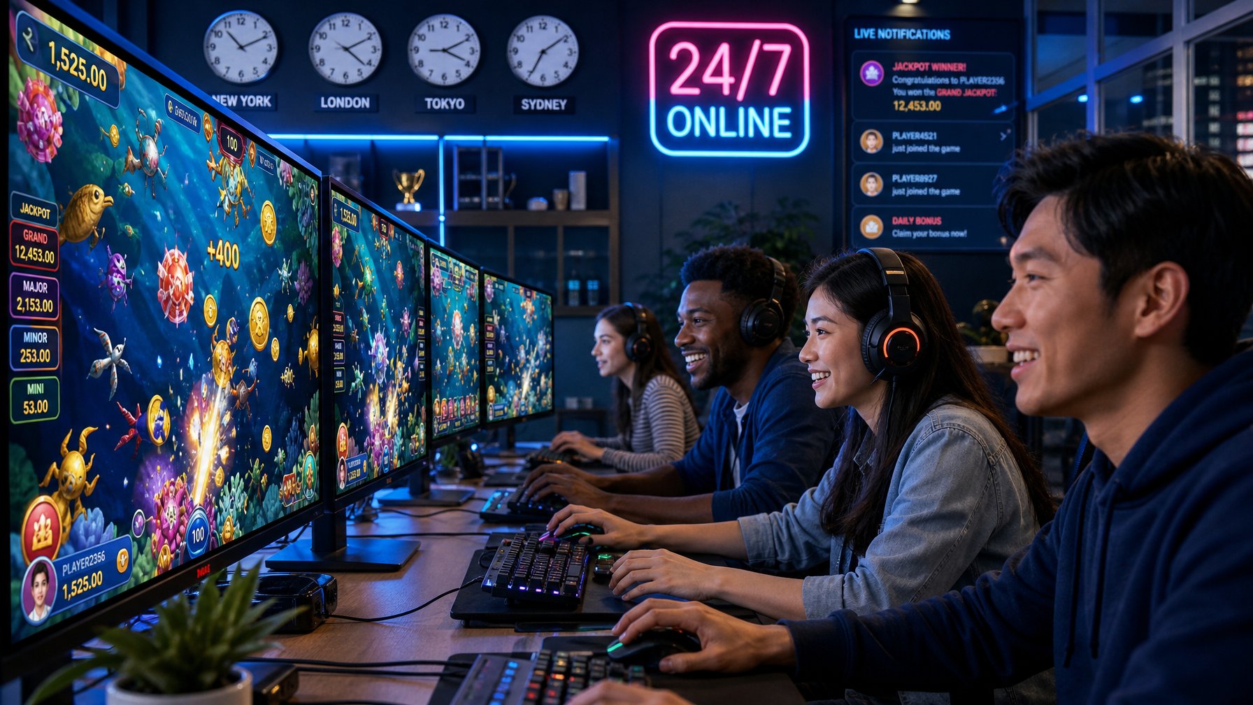 Beberapa orang muda bermain game tembak ikan 2D di komputer dengan layar penuh warna ikan dan elemen permainan di ruangan modern.
