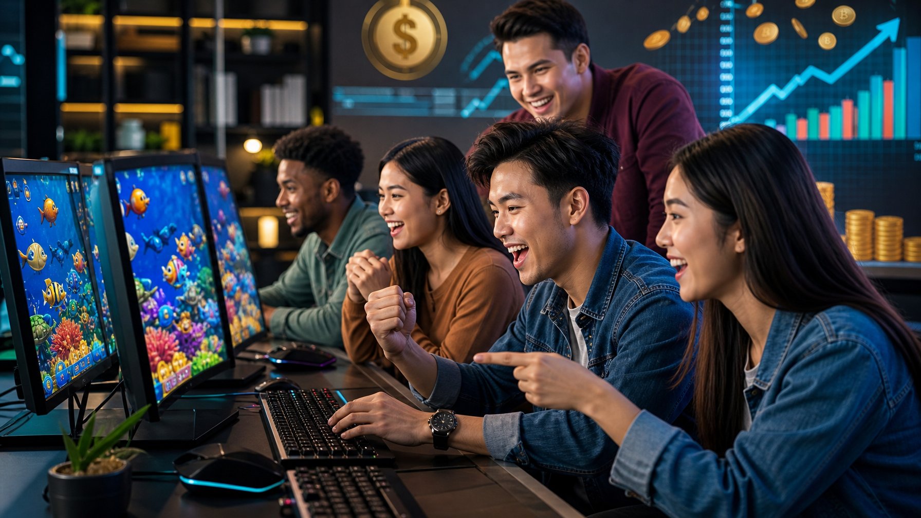 Orang-orang muda bermain game tembak ikan 2D di kantor modern dengan layar komputer penuh warna dan suasana fokus serta semangat.