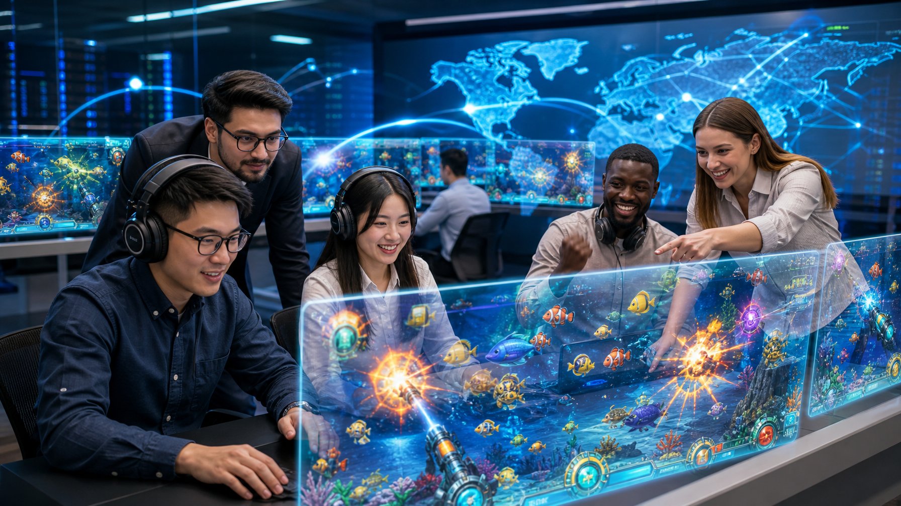 Orang-orang menggunakan perangkat digital dengan grafis ikan warna-warni di layar dalam ruangan kantor modern.