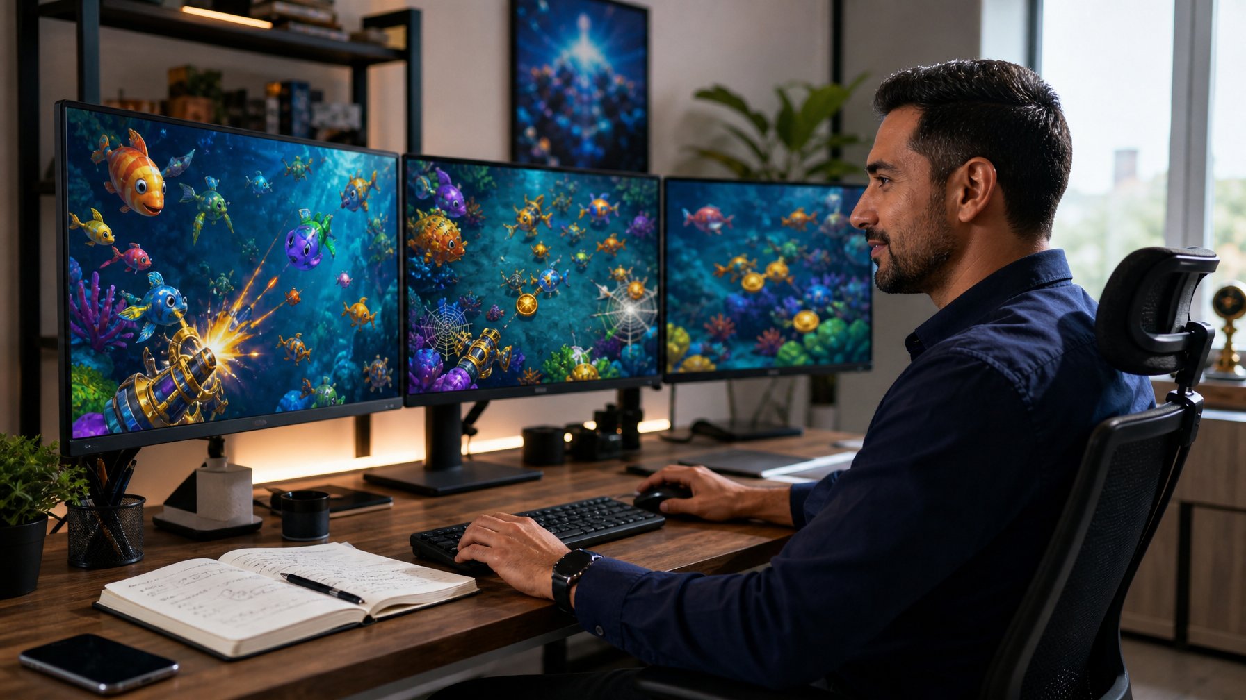 Seorang pria dewasa duduk di meja dengan beberapa monitor komputer yang menampilkan permainan tembak ikan 2D, terlihat fokus dan serius dalam suasana kantor yang terang.