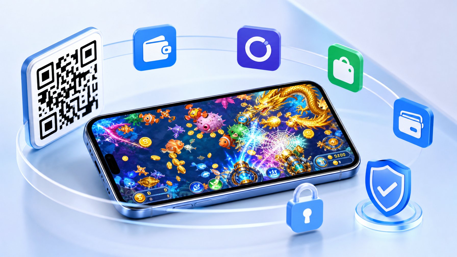Ponsel menampilkan permainan tembak ikan 2D dengan ikon pembayaran digital di sekitarnya.