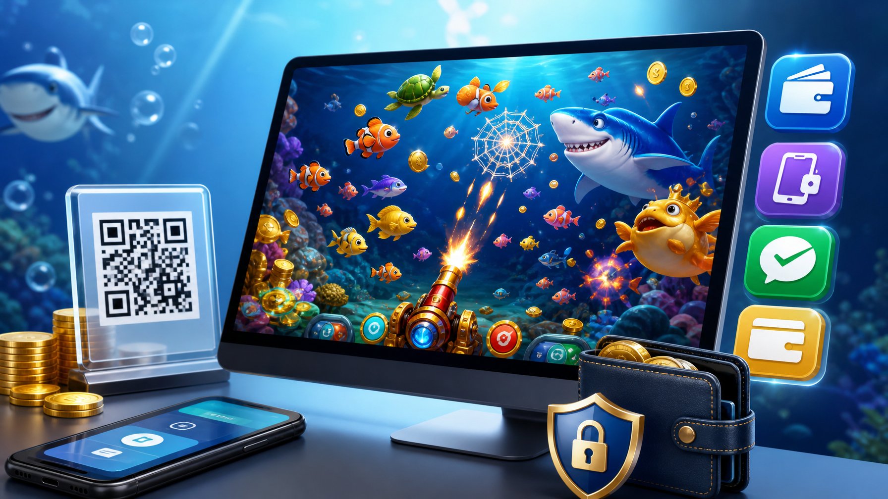 Layar perangkat menampilkan permainan tembak ikan 2D dengan simbol pembayaran digital di sekitarnya.