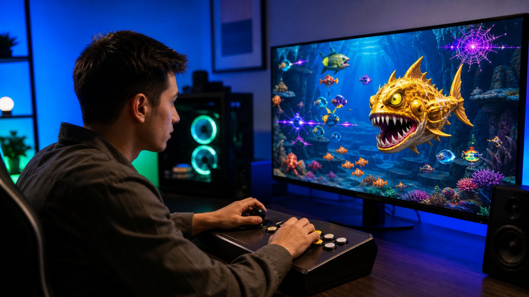 Seorang pria muda fokus bermain permainan tembak ikan 2D dengan layar besar dan latar ruangan gaming bernuansa biru dan hijau.