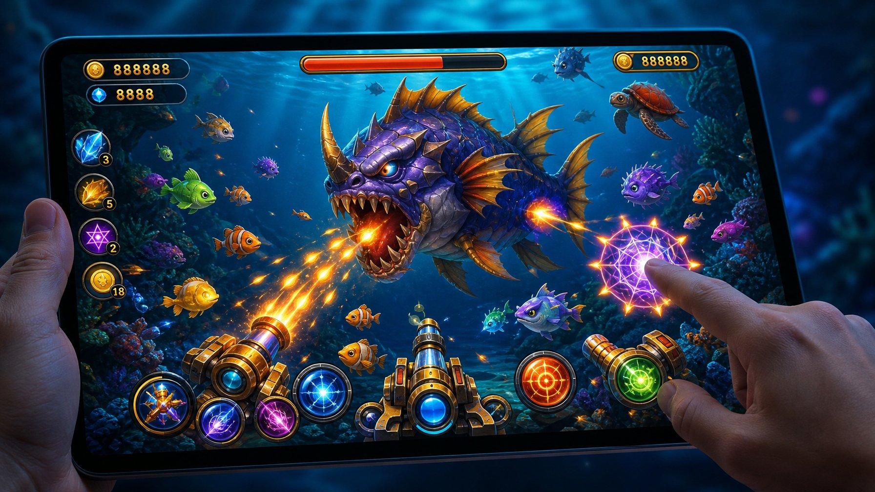 Layar permainan ikan 2D dengan ikan berwarna-warni dan ikan bos besar di latar bawah laut, menunjukkan aksi menembak dan strategi permainan.
