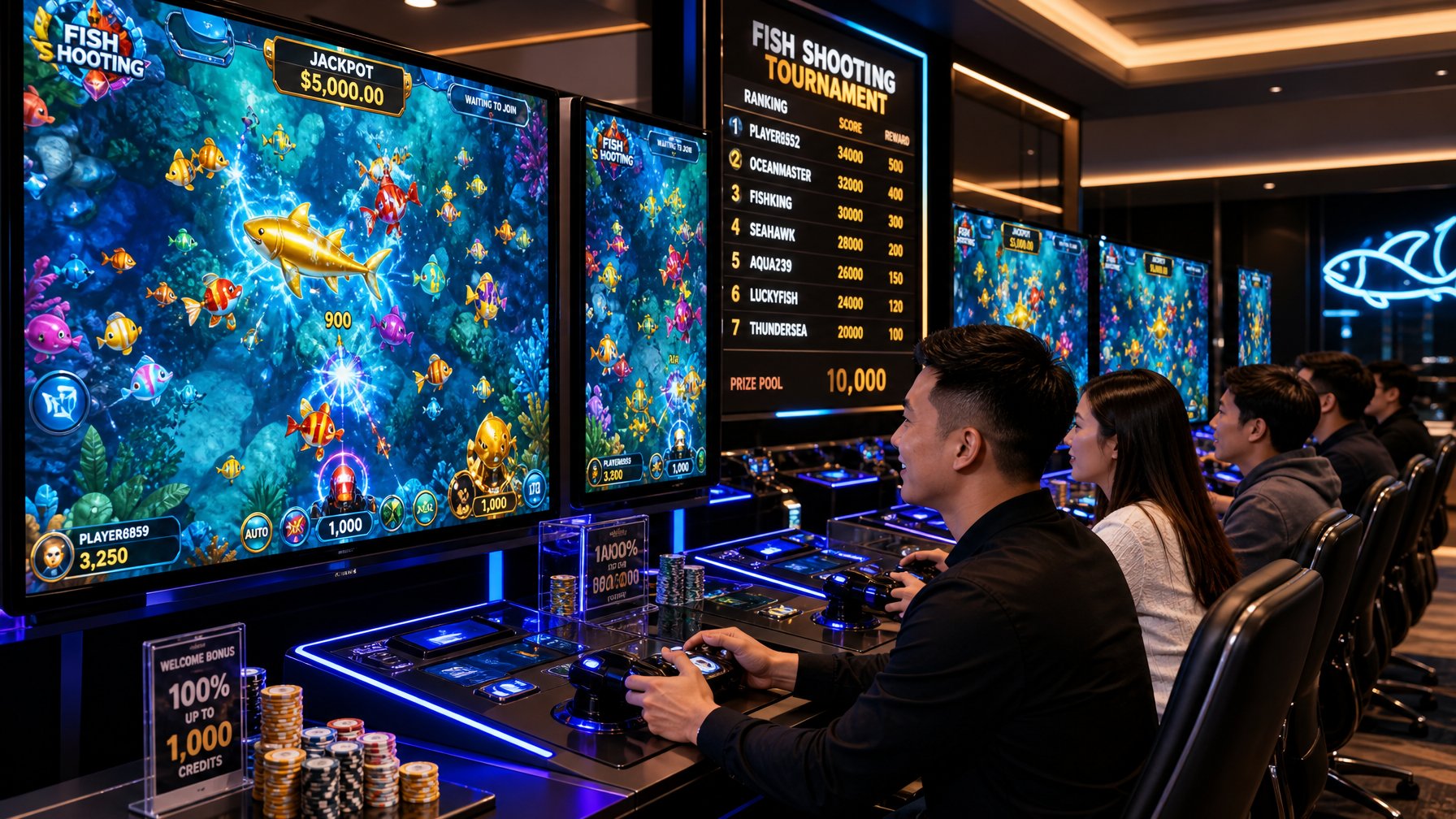 Suasana ruang permainan modern dengan mesin game tembak ikan 2D yang menampilkan ikan warna-warni dan pemain yang fokus bermain.
