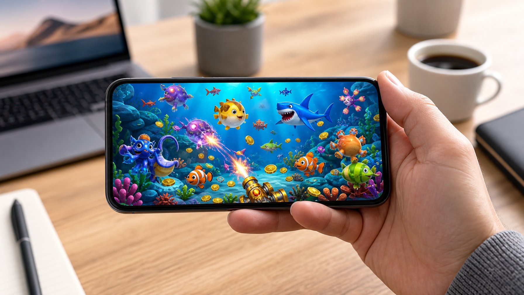 Seseorang memegang smartphone yang menampilkan permainan tembak ikan 2D dengan latar belakang meja kerja minimalis.