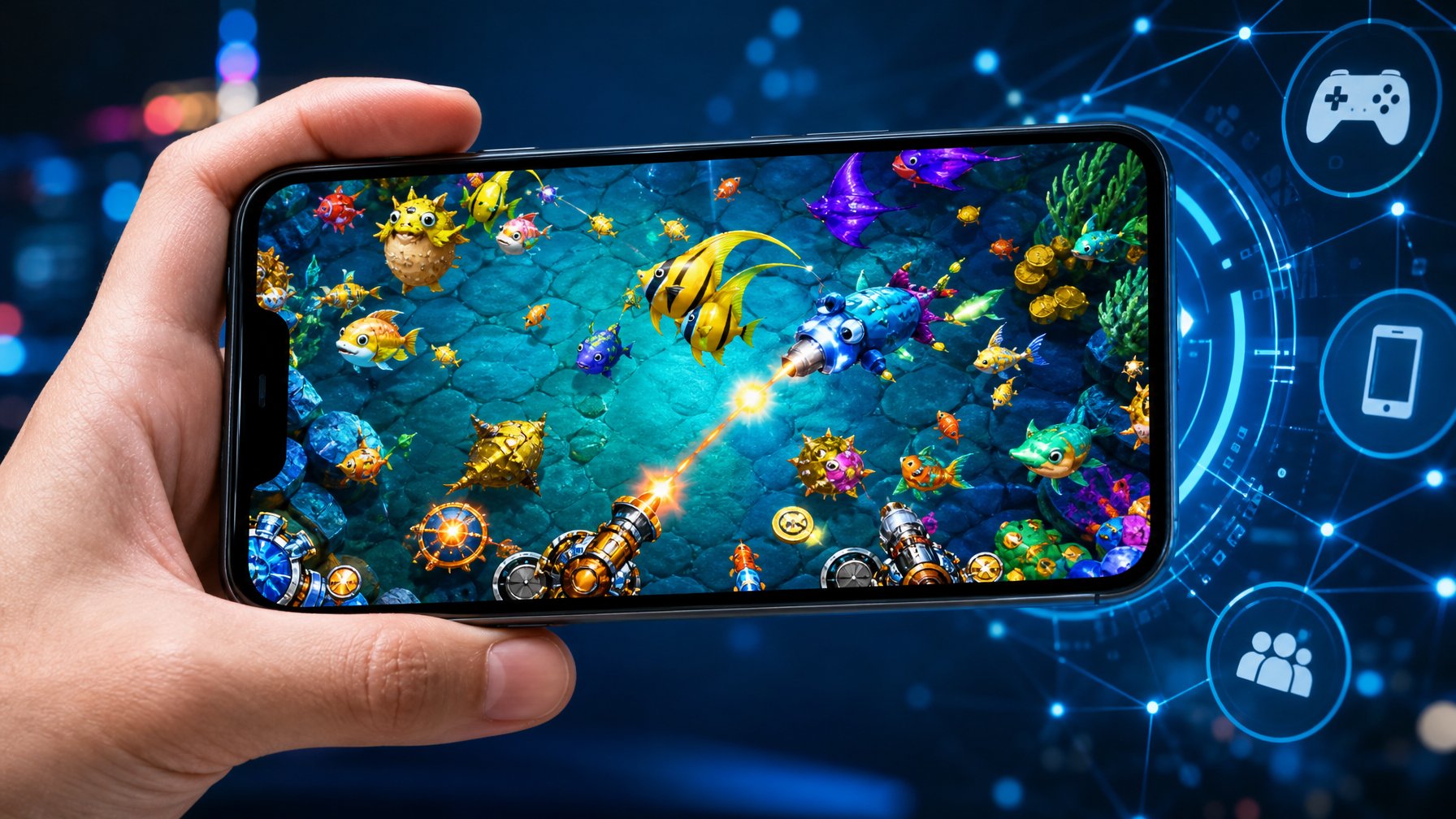Seseorang memegang smartphone yang menampilkan permainan tembak ikan 2D dengan latar belakang teknologi modern.