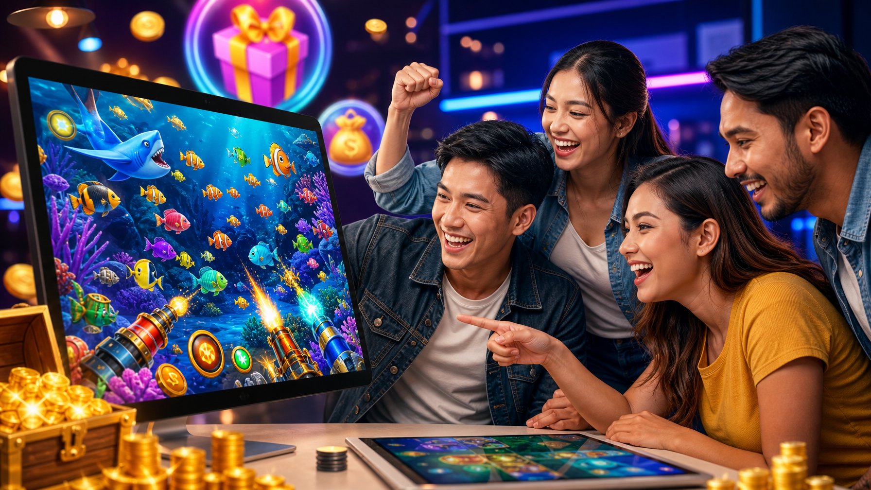 Sekelompok orang muda bermain game tembak ikan 2D di layar sentuh dengan latar bawah laut berwarna-warni dan ikon bonus yang menyala.