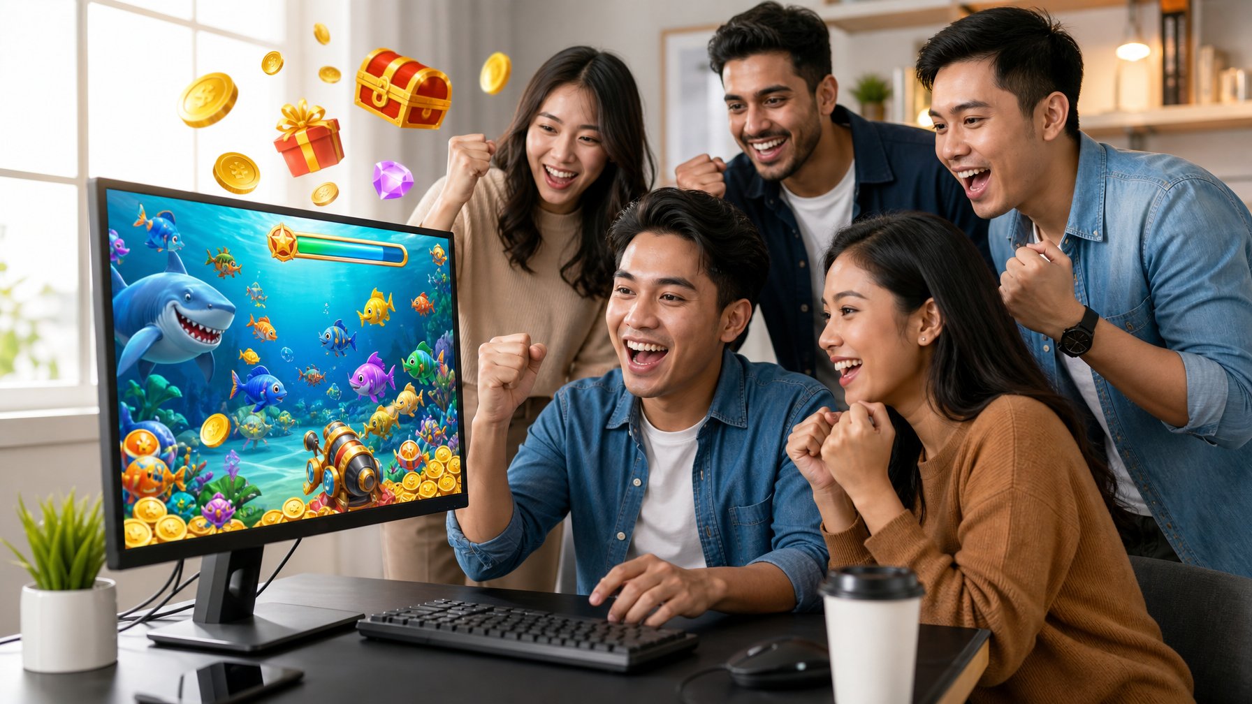 Sekelompok orang muda yang bahagia sedang bermain game online tembak ikan di depan komputer di ruangan modern.