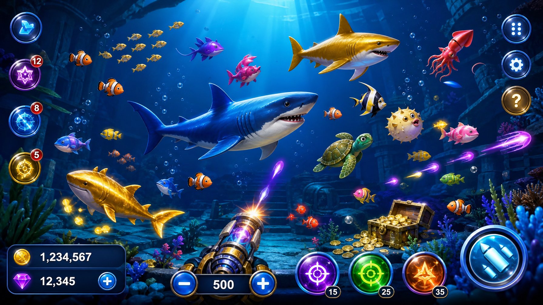 Tampilan layar permainan tembak ikan 2D dengan ikan berwarna-warni di latar bawah laut biru.