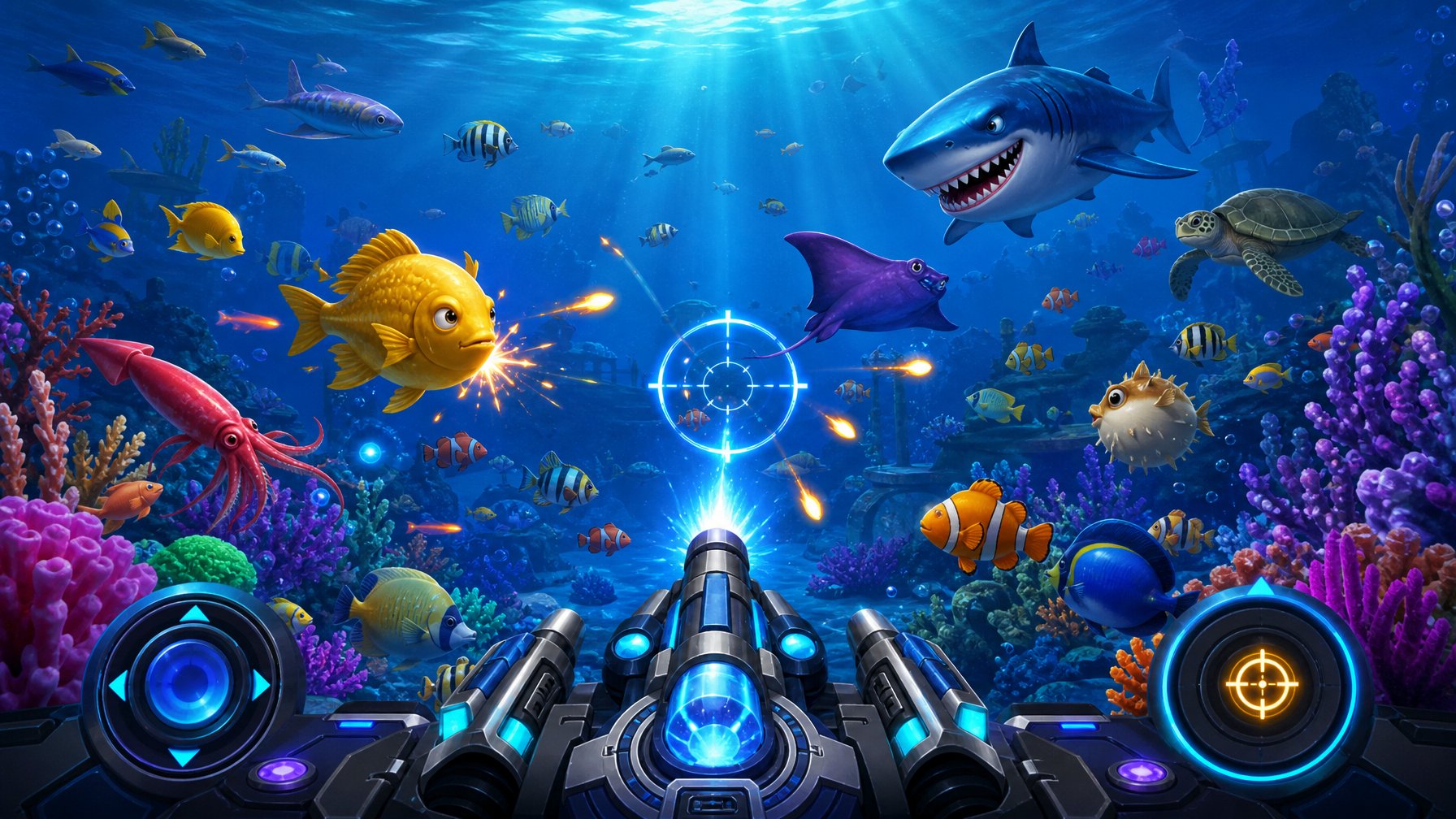 Adegan permainan menembak ikan 2D dengan berbagai ikan berwarna-warni di bawah laut dan panel kontrol digital di depan.