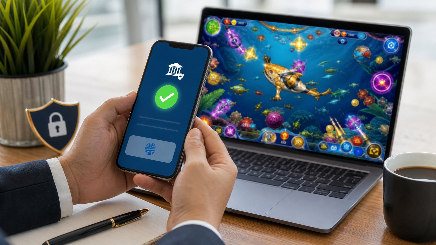 Tangan memegang ponsel dengan aplikasi perbankan terbuka dan layar laptop menampilkan permainan ikan 2D di atas meja kantor.