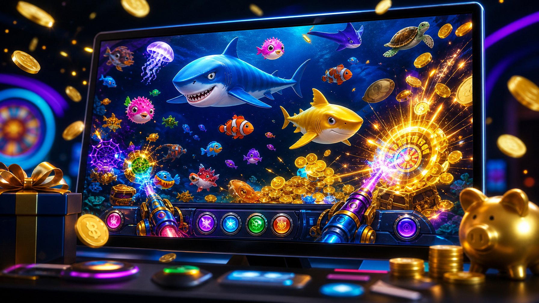Layar komputer menampilkan permainan tembak ikan 2D dengan ikan berwarna-warni dan efek cahaya neon yang menarik.