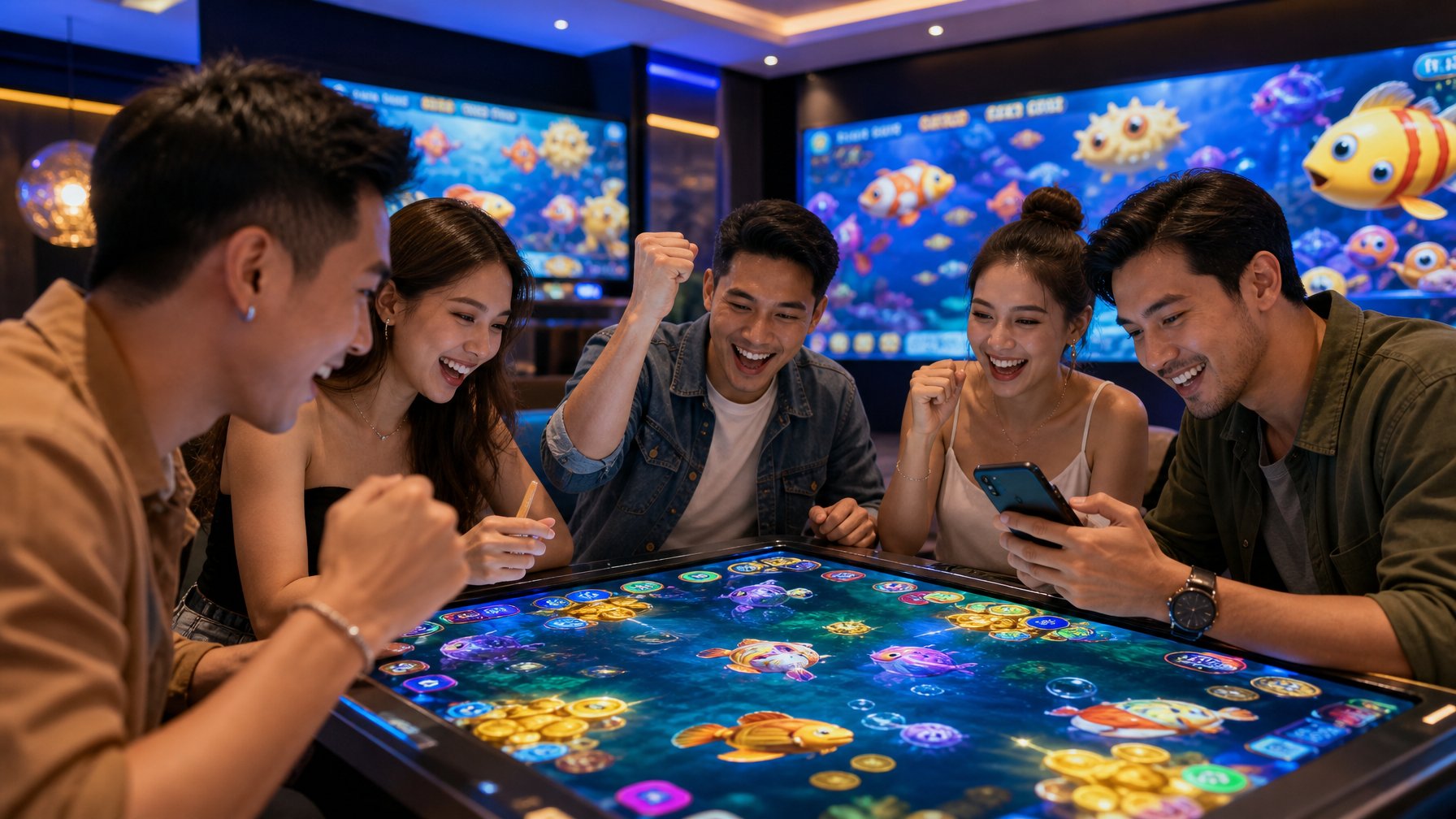 Sekelompok orang muda bermain permainan tembak ikan 2D di meja digital dengan layar warna-warni, beberapa tampak senang dan memeriksa hadiah cashback di ponsel.