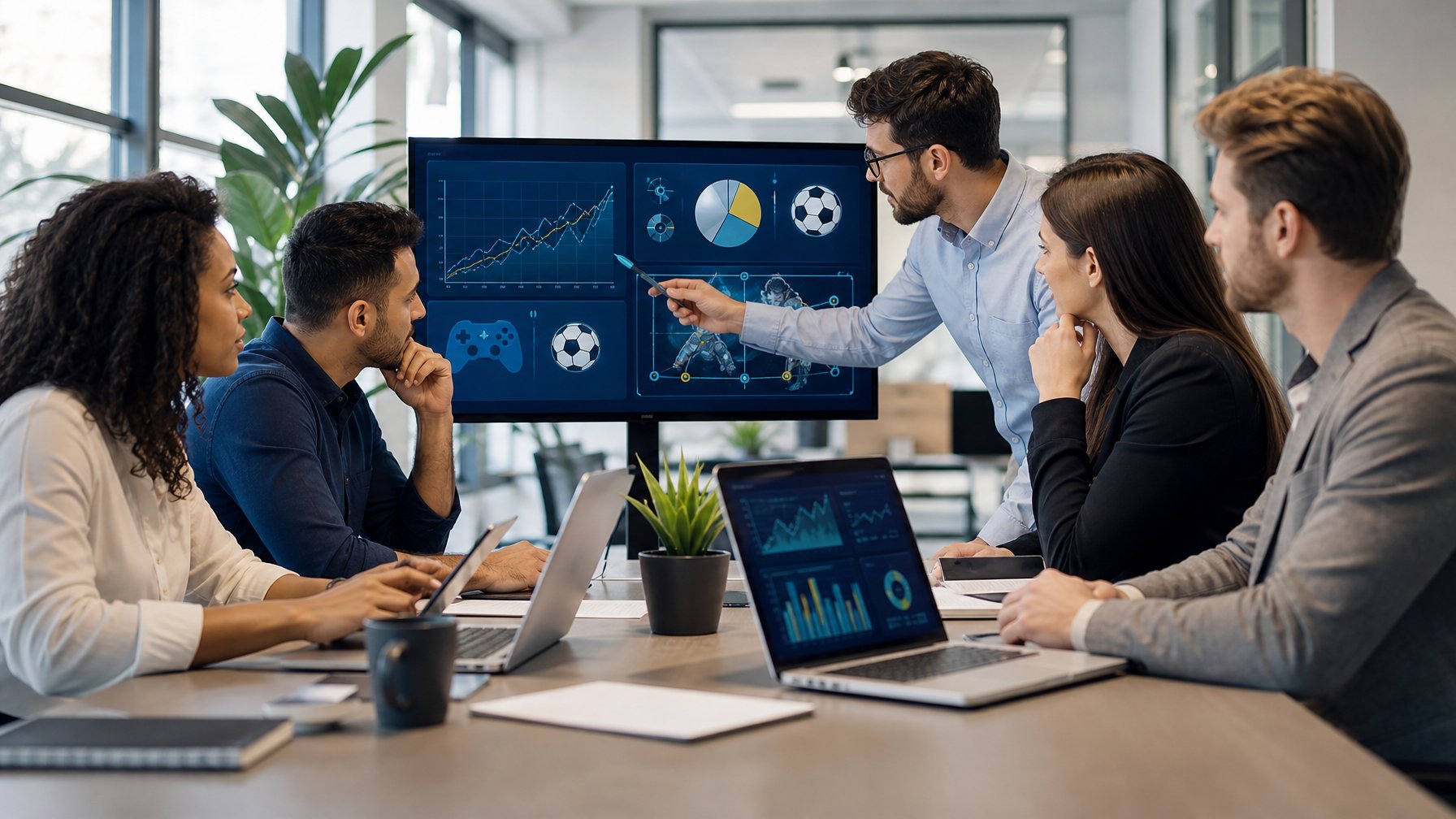 Sekelompok orang sedang berdiskusi serius di sekitar meja konferensi dengan laptop dan tablet di ruangan kantor yang terang.
