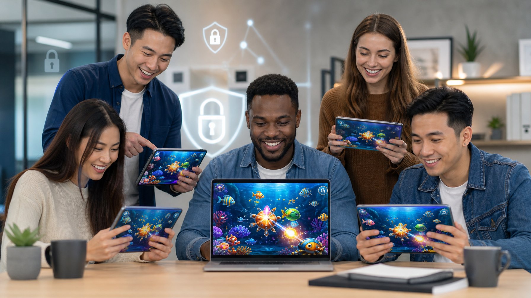 Sekelompok orang muda menggunakan laptop dan tablet dengan tampilan permainan tembak ikan 2D di layar dalam ruangan yang terang dan rapi.