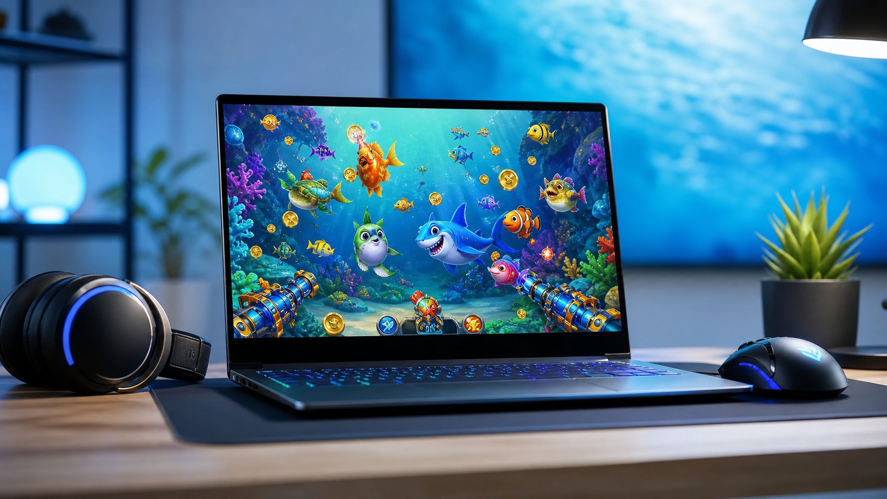 Seorang pengguna sedang bermain game tembak ikan 2D di komputer dengan latar belakang bertema bawah laut.
