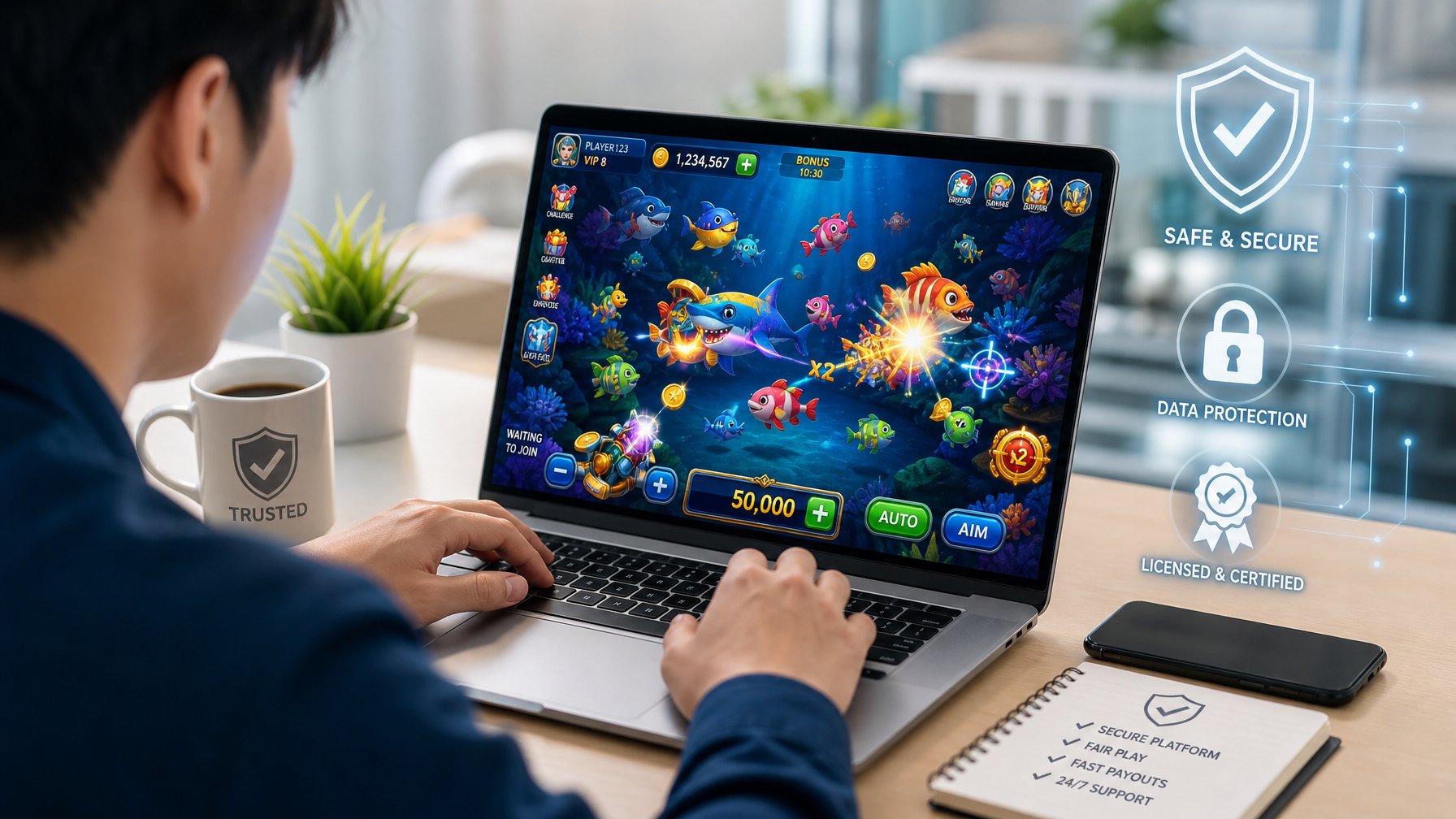 Seseorang duduk di depan laptop dengan permainan tembak ikan 2D di layar, di ruang kerja modern.