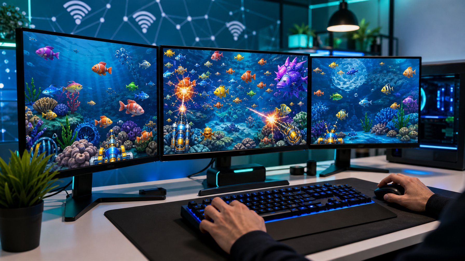 Seseorang bermain game tembak ikan 2D di komputer dengan layar menampilkan ikan warna-warni di lingkungan kantor modern.