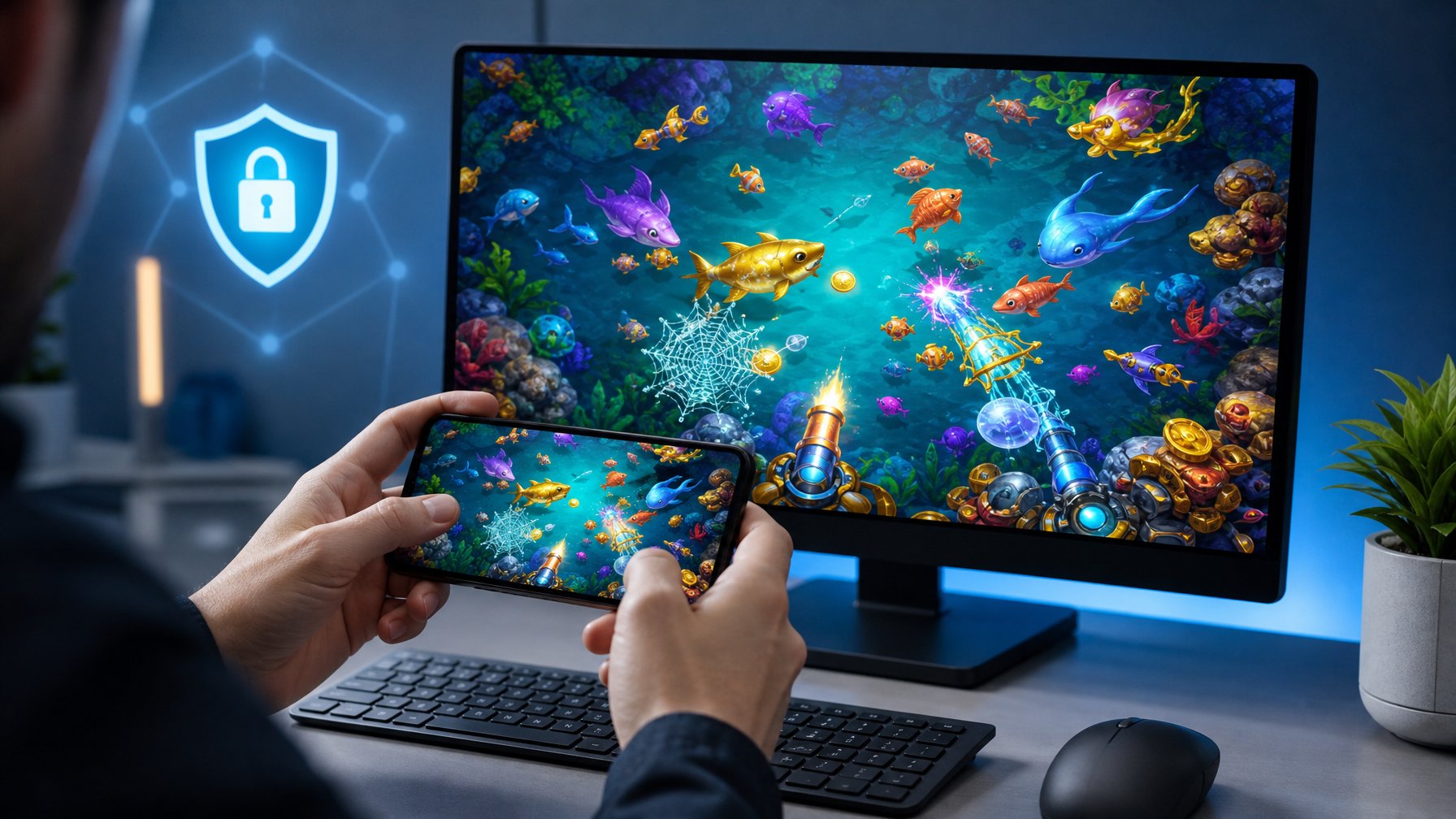 Tangan seseorang sedang menggunakan perangkat digital yang menampilkan permainan tembak ikan 2D dengan latar belakang bertema bawah laut dan simbol keamanan.