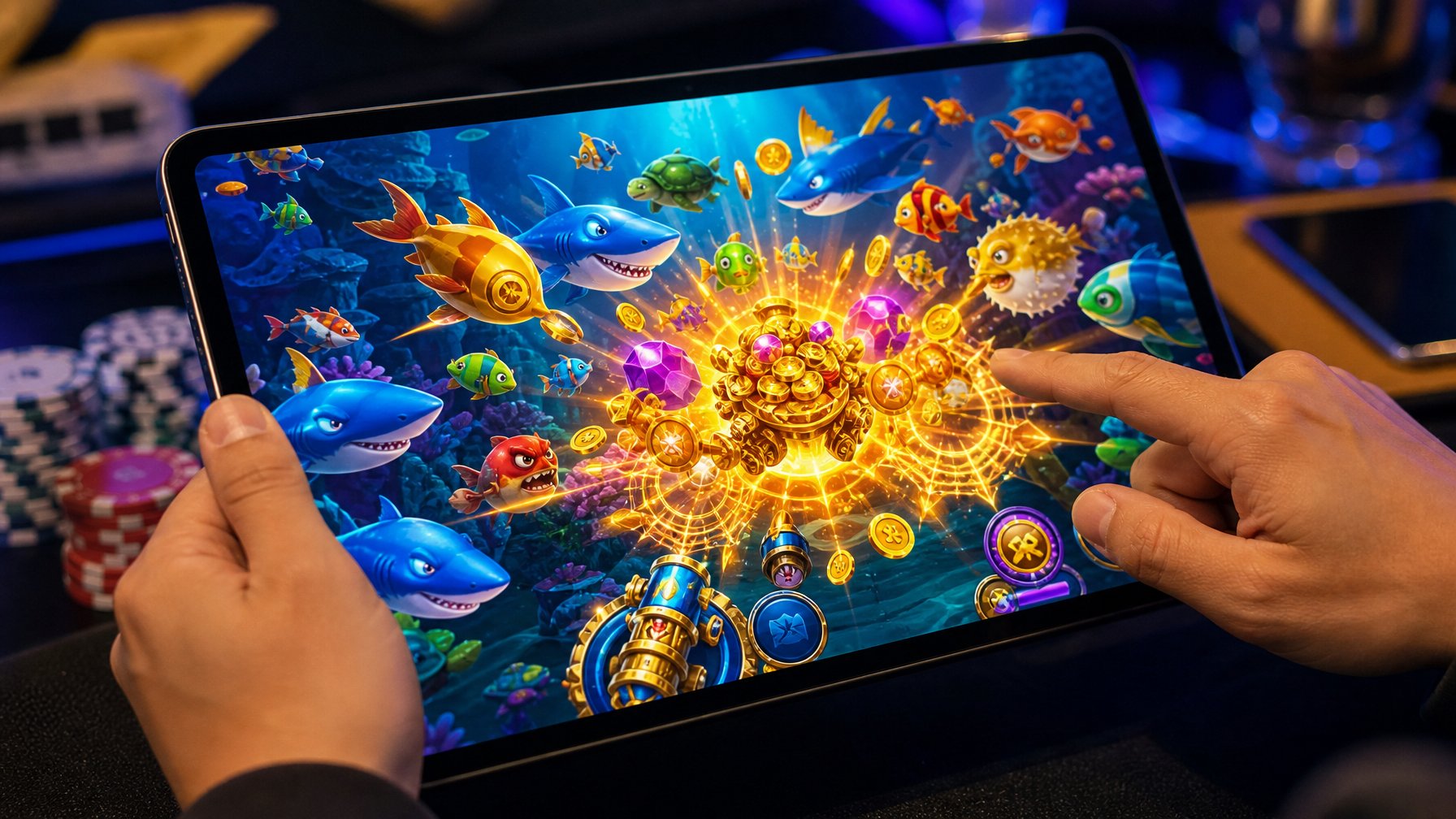 Seorang pemain sedang menggunakan perangkat digital untuk bermain permainan tembak ikan 2D dengan animasi ikan berwarna-warni dan tanda jackpot di layar.