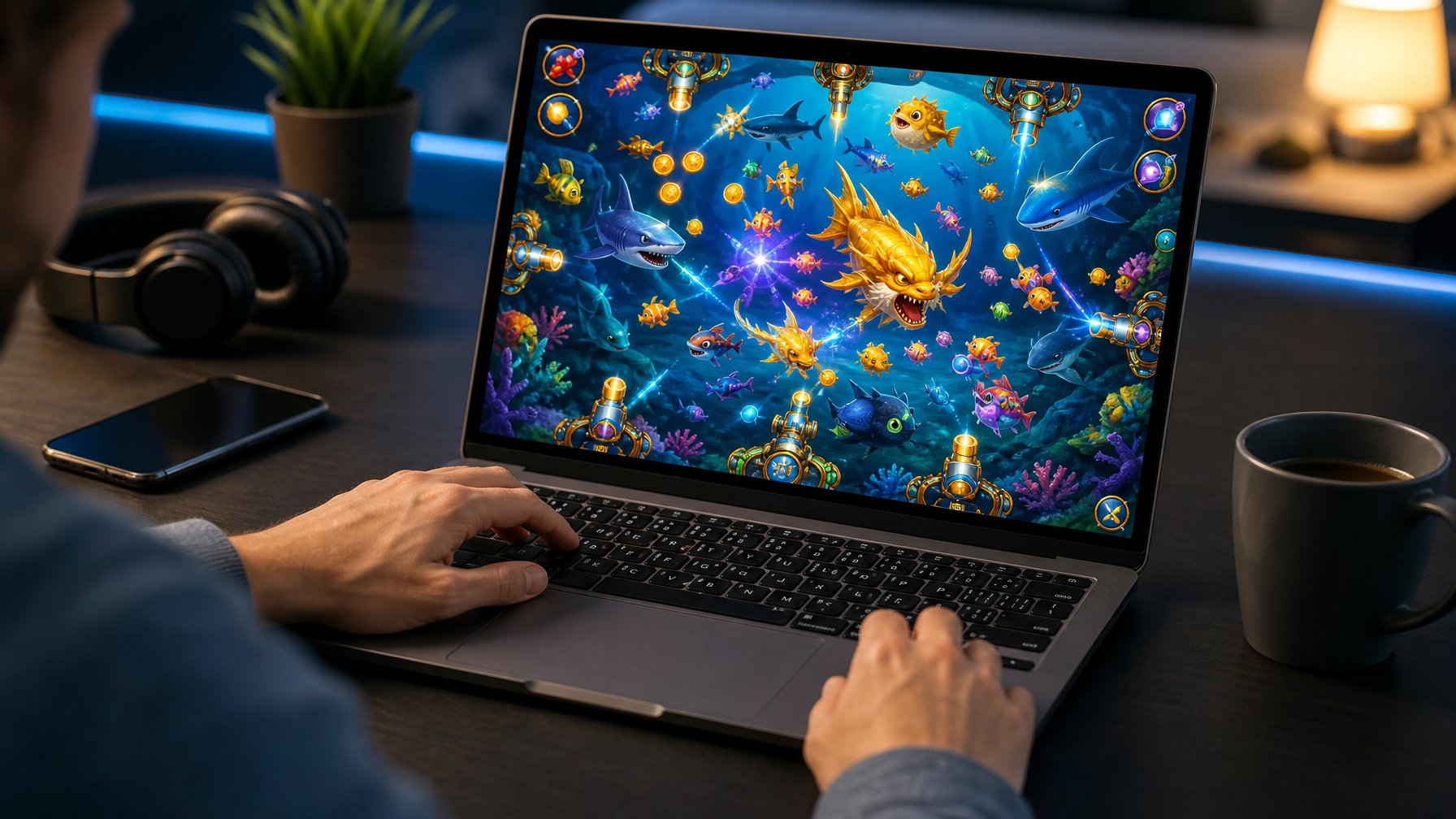 Tangan seseorang sedang bermain permainan tembak ikan 2D di layar komputer dengan latar belakang meja gaming yang rapi.