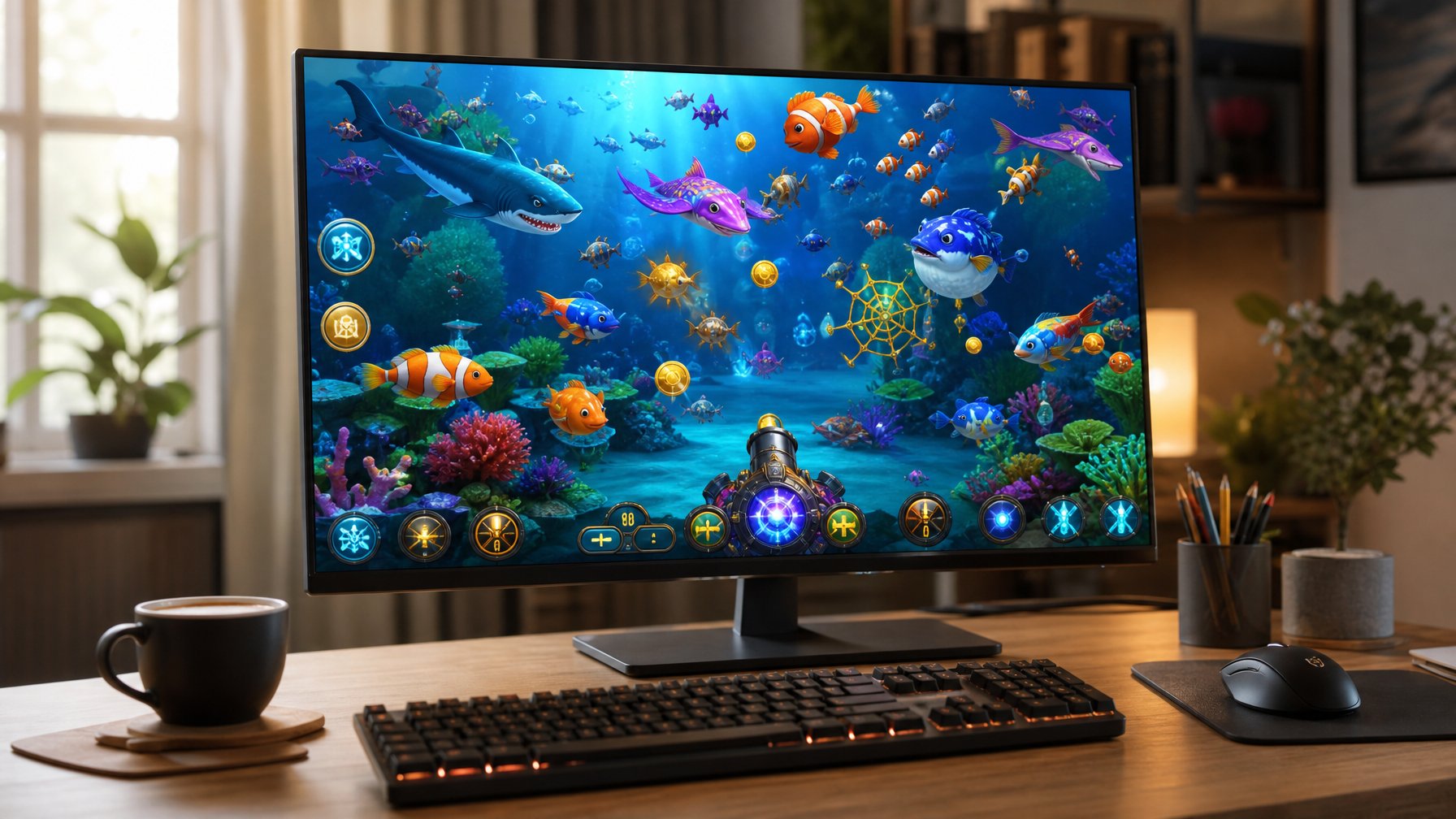 Seseorang sedang bermain game tembak ikan 2D online di komputer di ruang kerja yang nyaman.