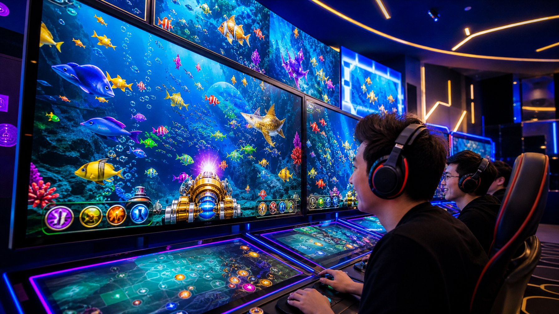 Suasana ruang bermain game dengan layar digital yang menampilkan permainan tembak ikan 2D dengan ikan berwarna-warni dan pemain yang fokus bermain.