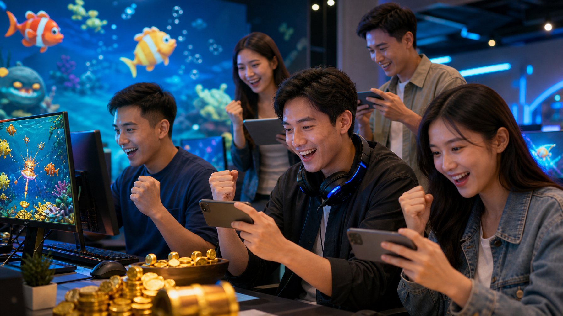 Sekelompok orang muda bermain game tembak ikan 2D di komputer dan ponsel dalam ruangan yang nyaman dengan latar belakang bertema bawah laut.