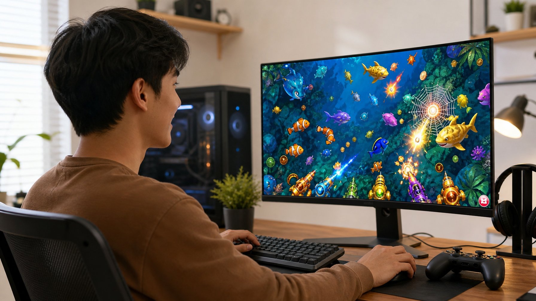 Seorang pria muda duduk di meja rumah sambil bermain game tembak ikan 2D di komputer dengan latar belakang ruangan yang terang dan nyaman.
