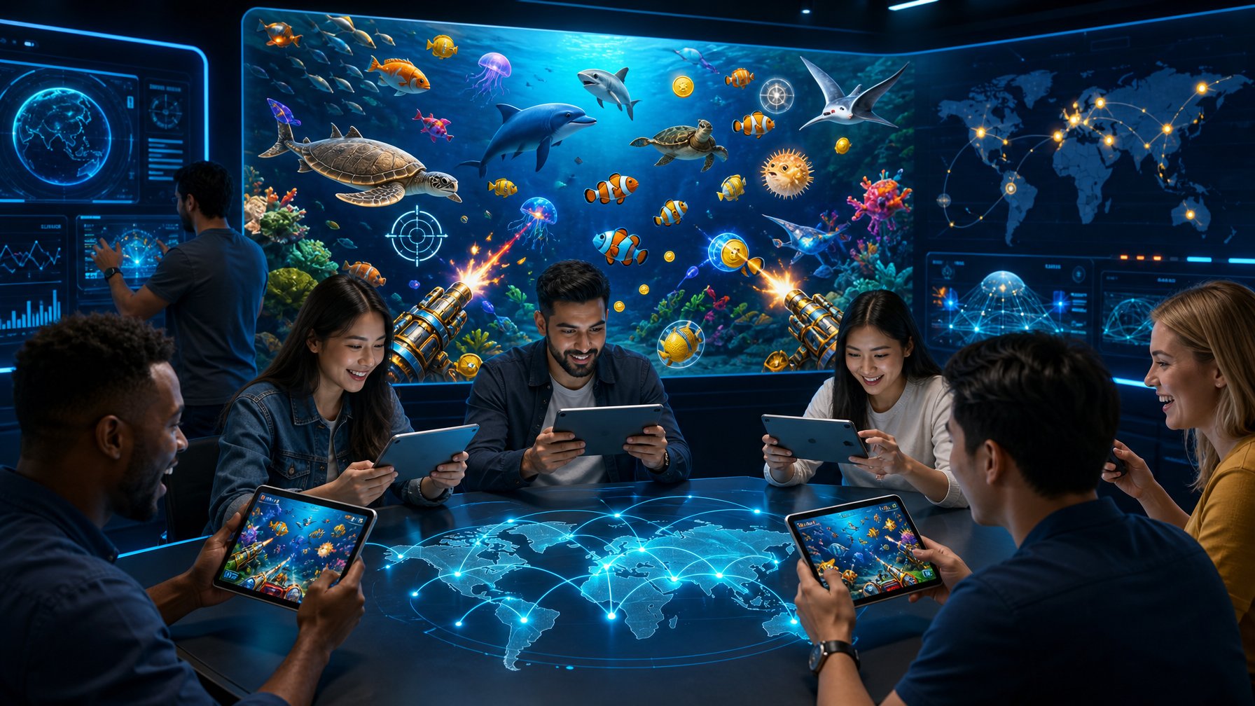 Beberapa orang bermain game tembak ikan 2D di perangkat digital dengan latar belakang tema bawah laut yang berwarna-warni.