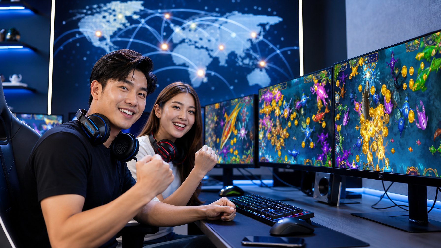 Dua orang muda sedang bermain permainan tembak ikan 2D di komputer dengan latar belakang elemen digital yang menunjukkan koneksi server internasional.