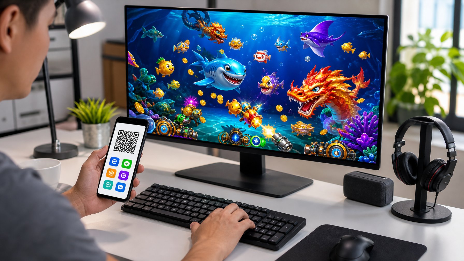 Meja kerja modern dengan layar komputer menampilkan permainan tembak ikan 2D dan ponsel yang menunjukkan opsi pembayaran QRIS dan e-wallet.