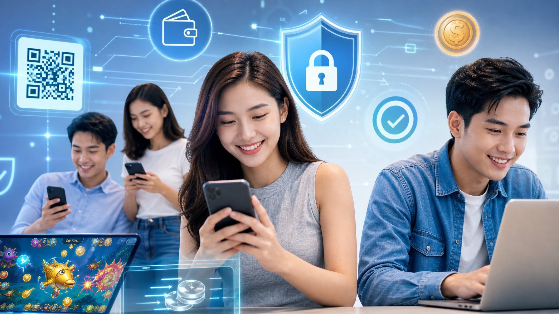 Orang-orang muda menggunakan ponsel dan laptop untuk melakukan transaksi online dengan latar belakang grafis digital yang menunjukkan keamanan dan kecepatan pembayaran.